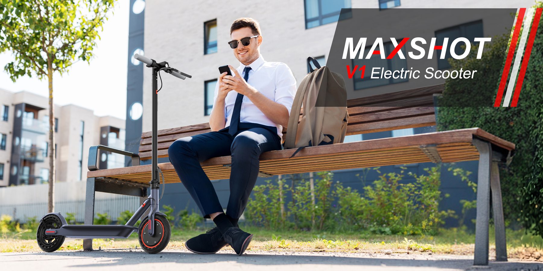 MAXSHOT V1 electric scooter parked by a city bench